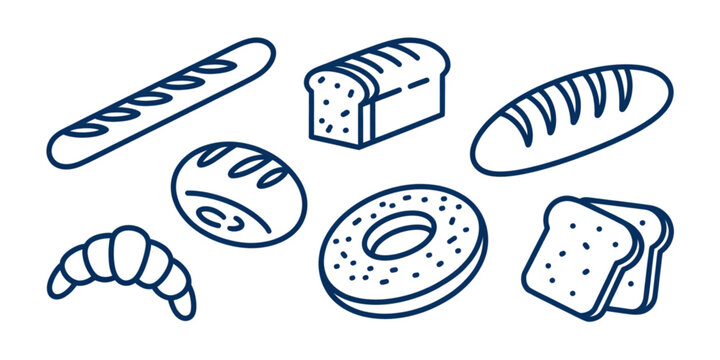 A collection of various baked goods including a baguette, loaf, croissant, bun, bagel and toast Vector