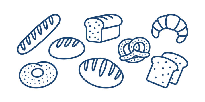 Collection of various baked bread products including baguette loaf croissant pretzel and bagel Vector