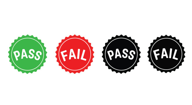 Four round badges with gear edges on a white background, labeled pass or fail in white text.