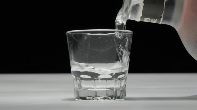 Clear liquid pouring from bottle into glass, creating splash and bubbles