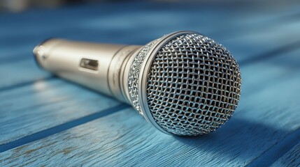 Obraz premium Detailed shot of a mic capsule on textured blue wood, with an empty area for copy