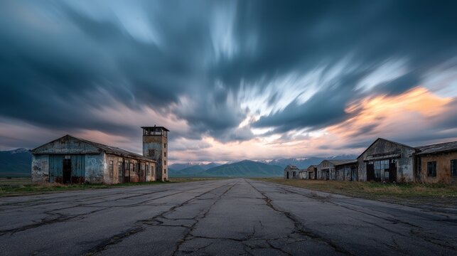 Desolate airfield scene with peeling hangars and distant mountains, dramatic cloud trails