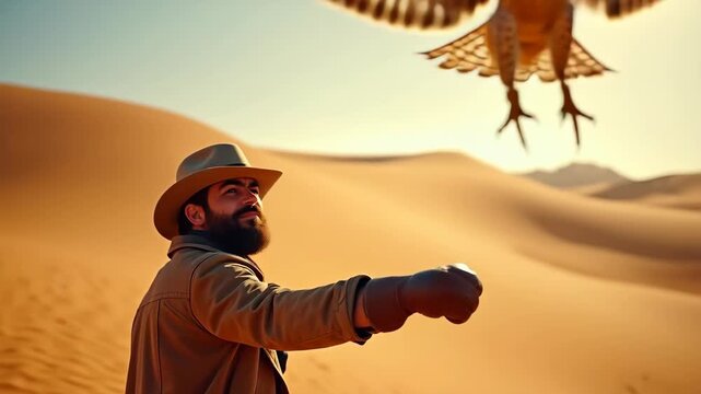 Falconer releasing peregrine falcon from leather glove in open desert, bokeh golden sand dune background