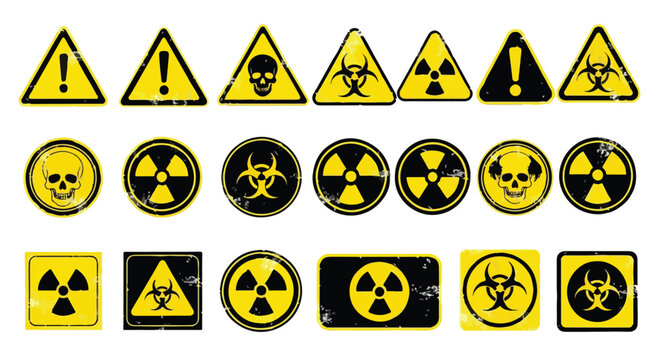 Collection of various radiation and warning signs on a white background, featuring triangular and circular symbols.