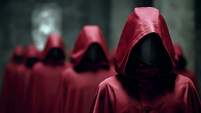  hooded red robed figures standing together in ritual