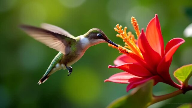 Macro shot of hummingbird hovering at red tropical flower with wing blur, bokeh lush green garden background
