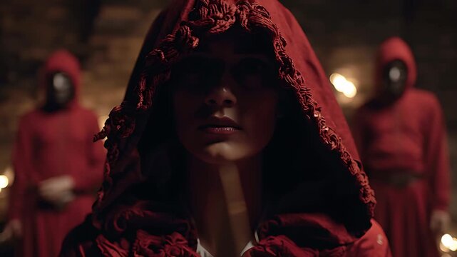 Masked figure in red cloak holding a sharp blade