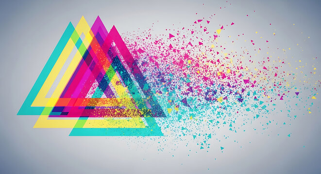 Overlapping colorful triangles with disintegration effect on a light gray gradient background