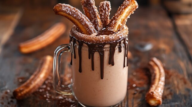Churros smoothie with cinnamon sugar churros on top, glass jar with chocolate rim
