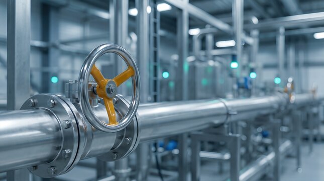 Industrial gate valve with a yellow wheel is positioned on a shiny metal pipeline in a modern facility, surrounded by additional piping and equipment in a clean environment