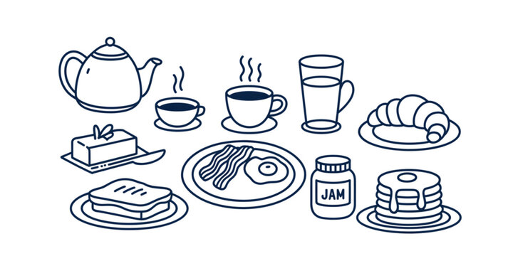 A collection of various breakfast food items including pancakes, bacon, eggs, coffee and pastries Vector