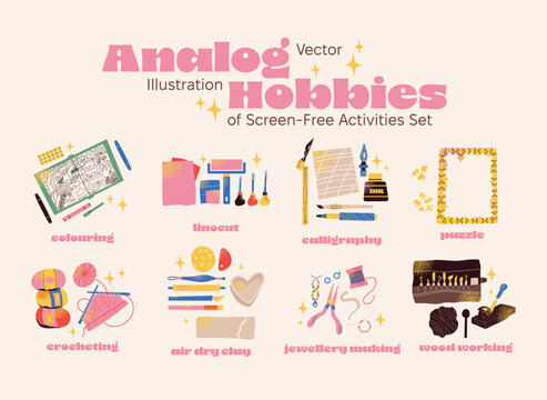 Vector Illustration Set of Analog Hobbies and Screen-Free Activities Featuring Linocut, Pottery, Calligraphy, Woodworking, Crocheting, and Jewelry Making; Retro Flat Crafting Icons for Wellness