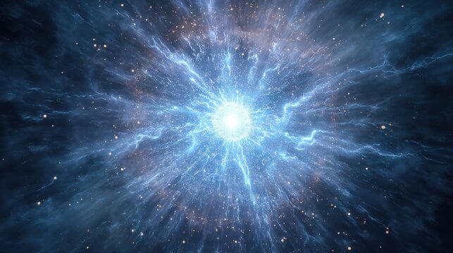 Blue star exploding in deep space. Glowing nebula with light rays and energy particles. Cosmic supernova blast event. Scientific observation of galaxy expansion and universe creation concept.