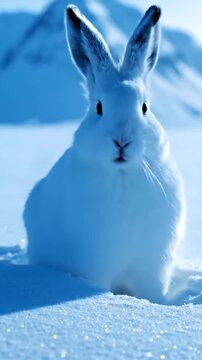 Arctic hare foraging in blue winter mountain landscape
