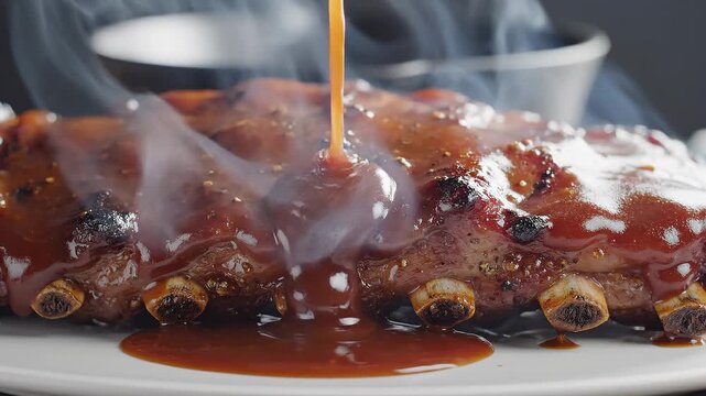 Close-Up of Hot Barbecue Ribs Being Glazed With Sauce and Steam Rising