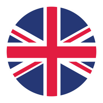 Flag of the United Kingdom in a circle shape. British national emblem in blue, red, and white.