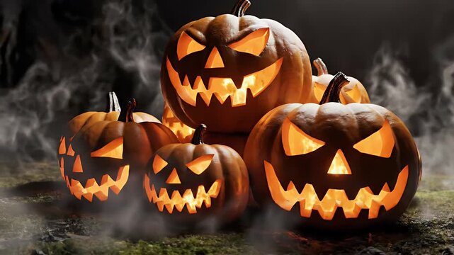 Spooky carved pumpkins with glowing orange interiors and fog