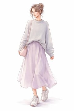 Fashion illustration of a young woman in a casual pastel outfit with a crossbody bag