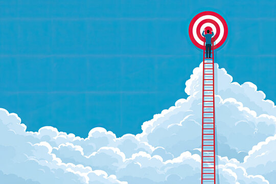 Ladder to reach goal, clever entrepreneur ascends ladder high into the cloud to hit target bullseye 