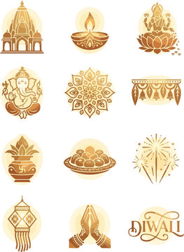 Flat lay of various Diwali festival icons and symbols in gold tones on a white background.