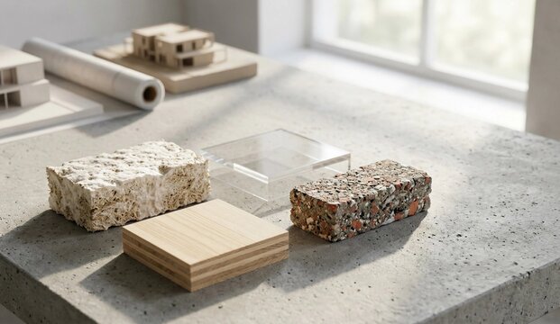 Close up still life of innovative eco friendly building materials including mycelium, bioplastic, and recycled concrete on a concrete table, sustainable architecture concept