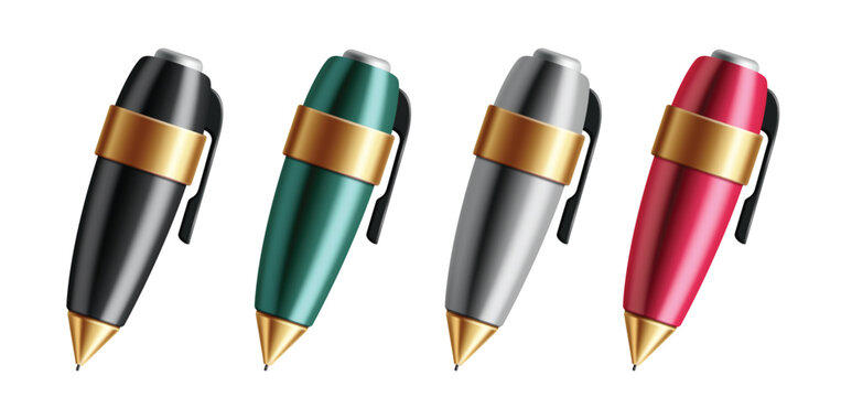 Ballpen 3d School elements clipart set. 3d Ballpen, Pen and Fountain Pen clip art in metallic, glossy and shiny cute collection school elements in white background vector illustration. 

