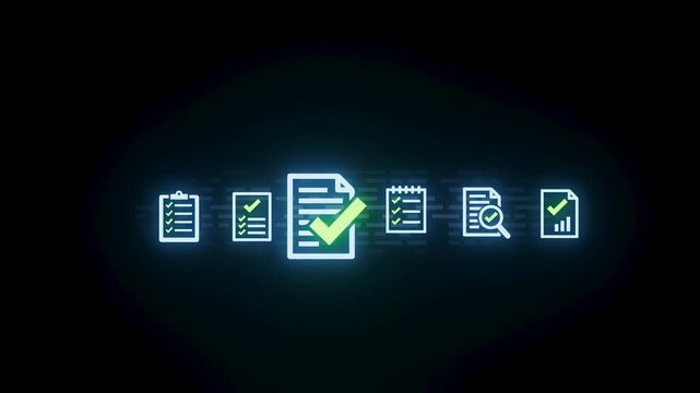 Icons of document verification and approval process in a dark background.