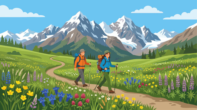 Two hikers with backpacks and poles walk along a dirt path through a vibrant meadow of wildflowers, with majestic snow-capped mountains in the background under a blue sky.