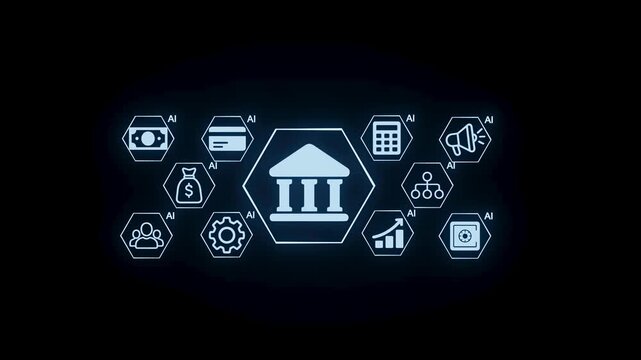 Digital display of banking icons showing various financial services and artificial intelligence applications in finance.