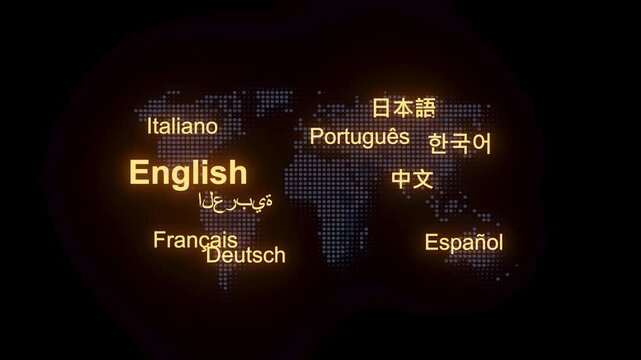 World languages displayed on a map showing different writing systems and cultures in bright colors against a dark background.