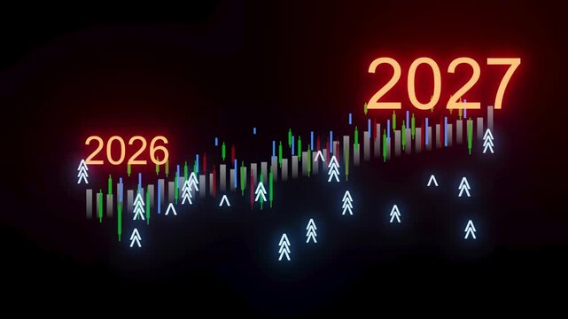 Data display shows upward trend from 2026 to 2027 with green and red indicators in a dark background setting.