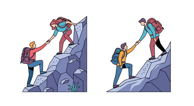 Teamwork and support people helping each other climb a rocky hill