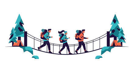 Three hikers traverse a rope bridge amidst stylized evergreen trees © Anupom