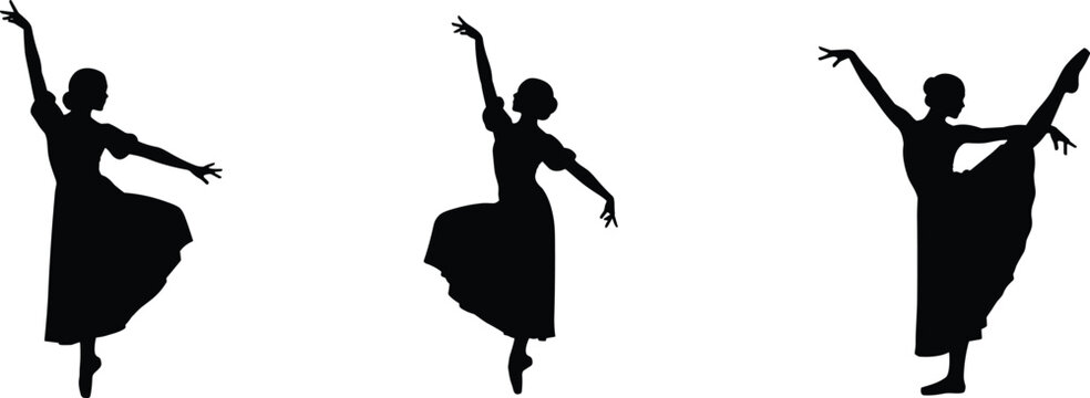 Ballet dancer silhouettes in graceful poses, balance, flexibility, artistic motion, props, expressive dance performance vector illustration design