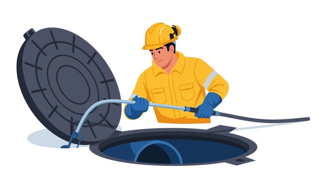 Worker inspecting a manhole with a camera on a flexible pole