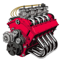 A powerful vintage car motor and old steam locomotive engine isolated on white, showcasing retro steel machinery and industrial transportation technology. © zixu