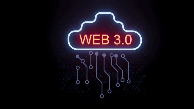 Cloud symbol with web 3.0 text and digital circuits in a dark background shows the future of internet technology and connectivity.