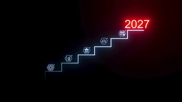Step by step progress towards goals in 2027 with icons representing different sectors and a red highlighted year.