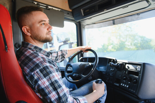 Trucker man driving heavy goods vehicle delivery
