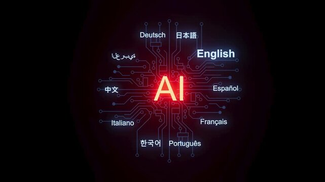 AI connects different languages and cultures through technology and communication tools in a digital world.