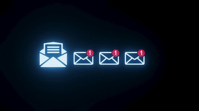 Notification icons show unread messages in an email application on a dark background with glowing details.