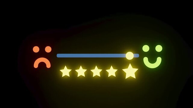 Rating scale showing emotions from unhappy to happy with five stars in between.