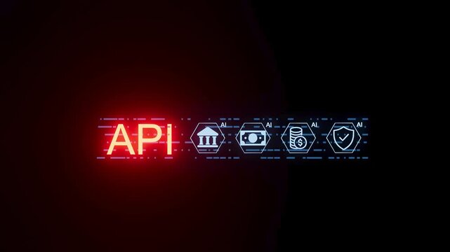 Focus on API in technology with icons for finance, security, and artificial intelligence on a dark background.
