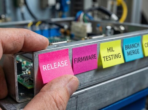 An engineer's hand places a 'RELEASE' label on advanced electronic hardware, symbolizing the final step in software and firmware deployment after rigorous testing and development