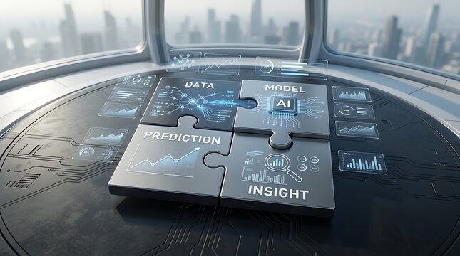 Futuristic AI-powered data analysis and prediction concepts displayed on puzzle pieces in a modern high-rise environment
