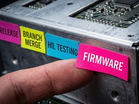 Electronic circuit board with colorful labels detailing firmware development, release, branch merge, and HIL testing stages, a finger pointing to the critical firmware component
