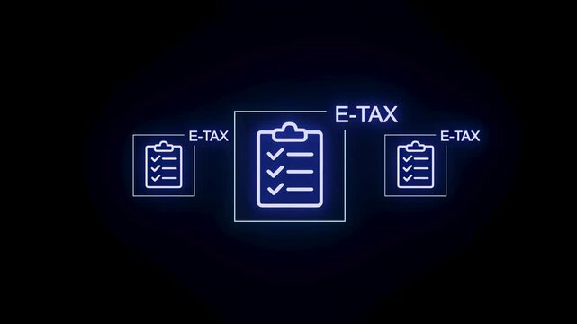 E-tax filing process on a digital platform with checklists appearing on a dark background.