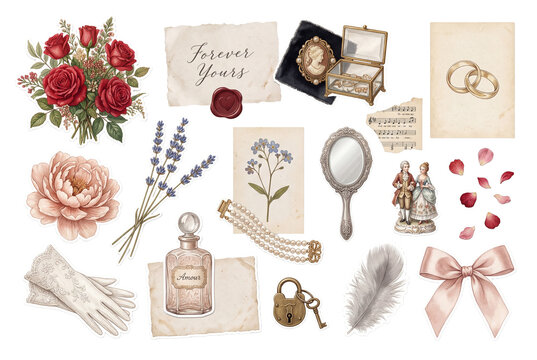 Romantic vintage illustration set with roses jewelry and letter, isolated on transparent background
