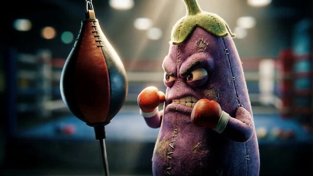 Angry eggplant boxer training with bag in boxing ring under dramatic spotlight, animated vegetable character wearing gloves, intense focus and gritty expression, punching speed bag, gym atmosphere