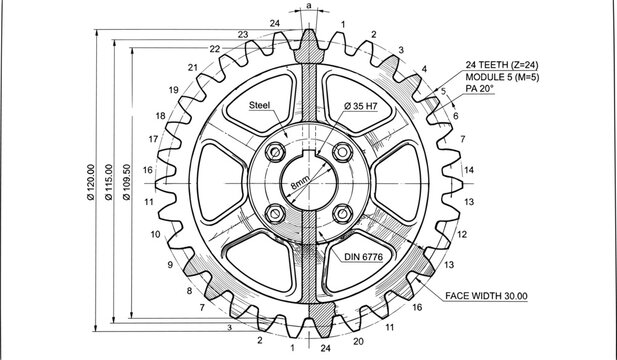 Technical engineering drawing of a industrial steel spur gear with precise measurements and 24 teeth detailed blueprint.